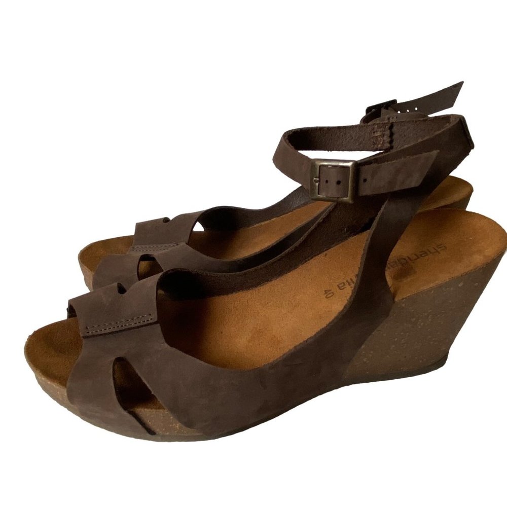 Sheridan Mia Womens Brown Nubuck Leather Cork Wedge Ankle Strap Sandals Size 40